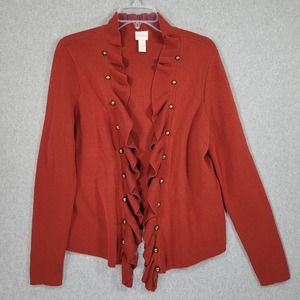 Chico's Hardware Detail Ruffle Cardigan 1 Medium Rust Open Cotton